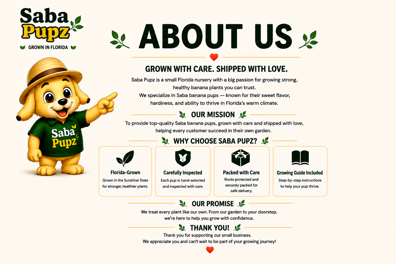 About Saba Pupz, including the nursery mission, promise, and Florida-grown values.