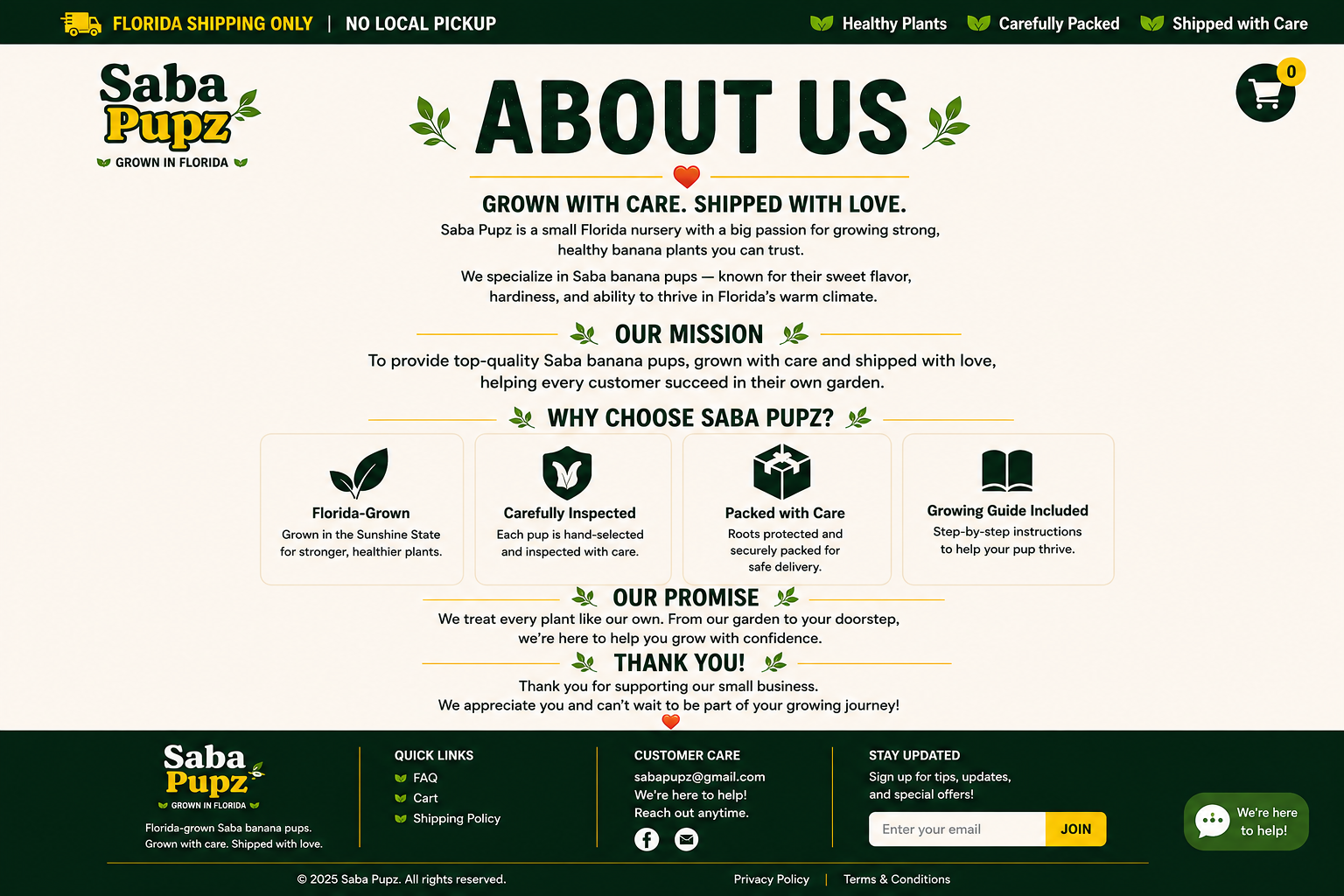 About Saba Pupz, including the nursery mission, promise, and Florida-grown values.