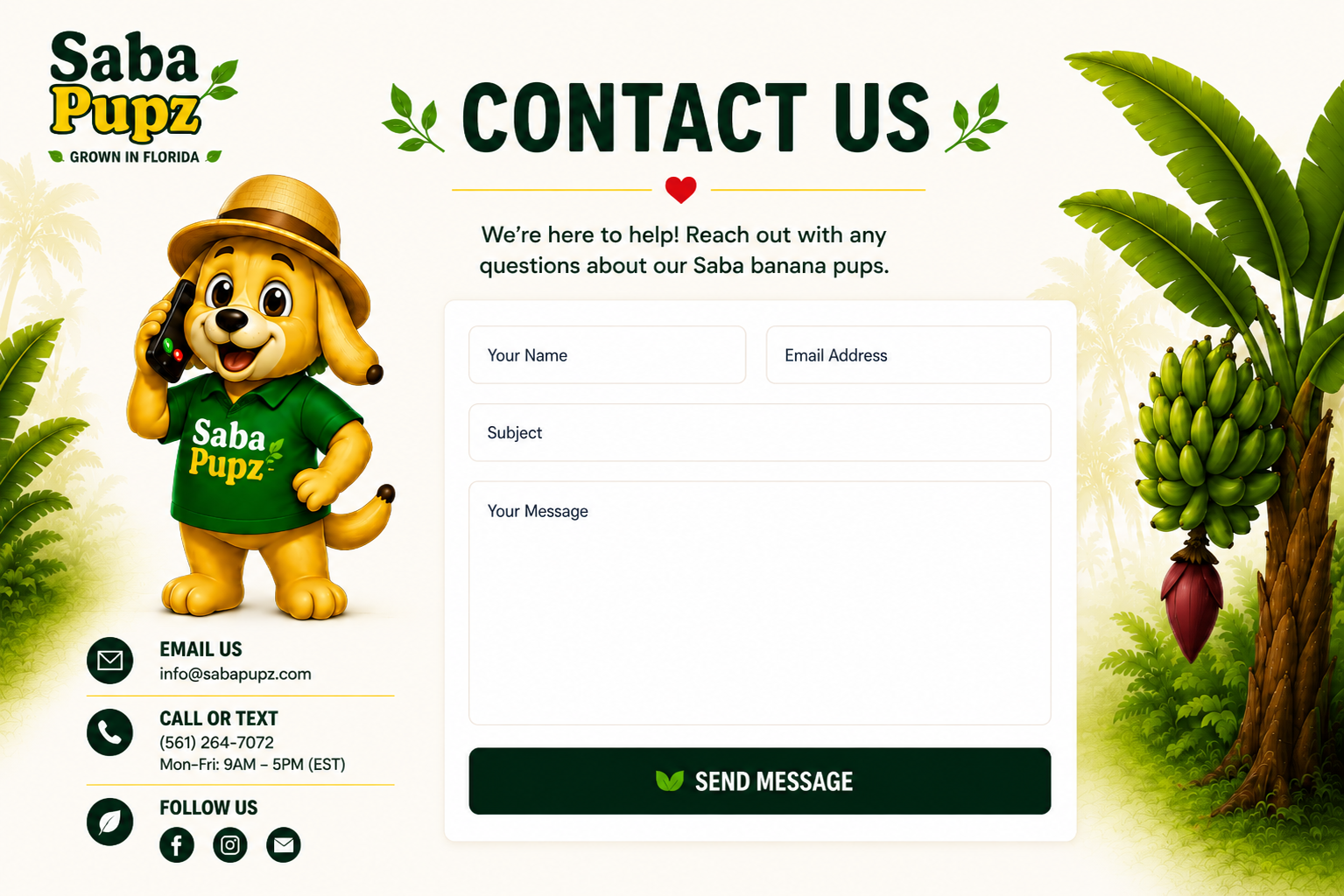 Saba Pupz Contact Us page with email info@sabapupz.com and phone information.
