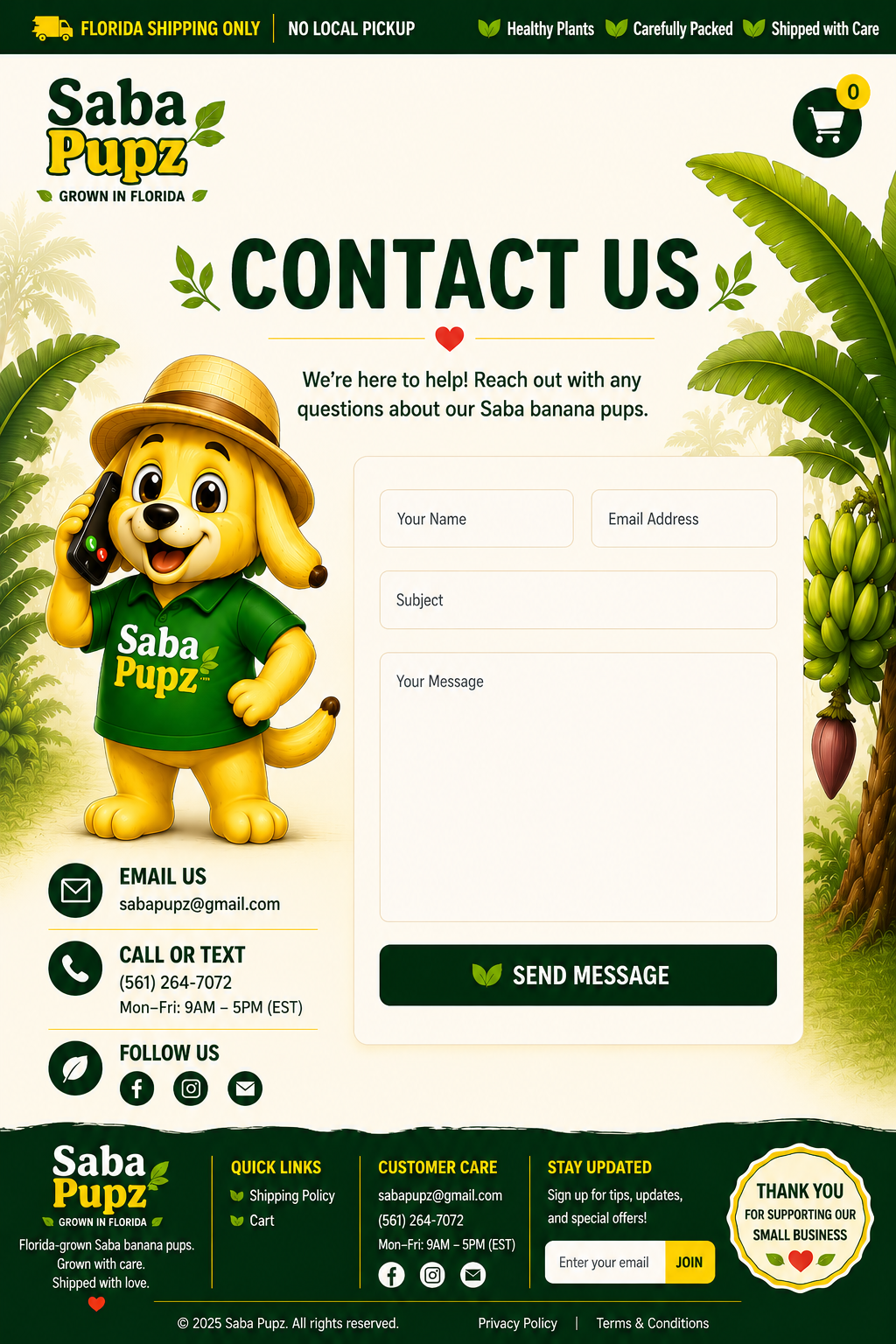 Saba Pupz Contact Us page with email and phone information.