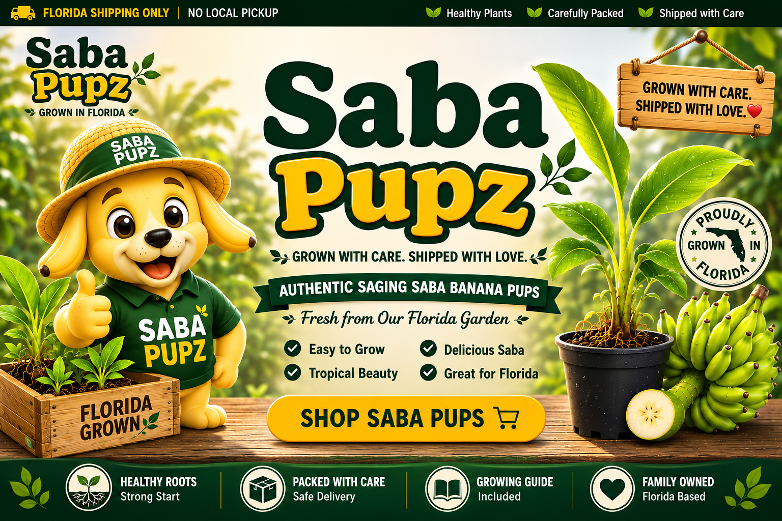 Saba Pupz home page featuring the mascot and Florida-grown Saba banana pups.